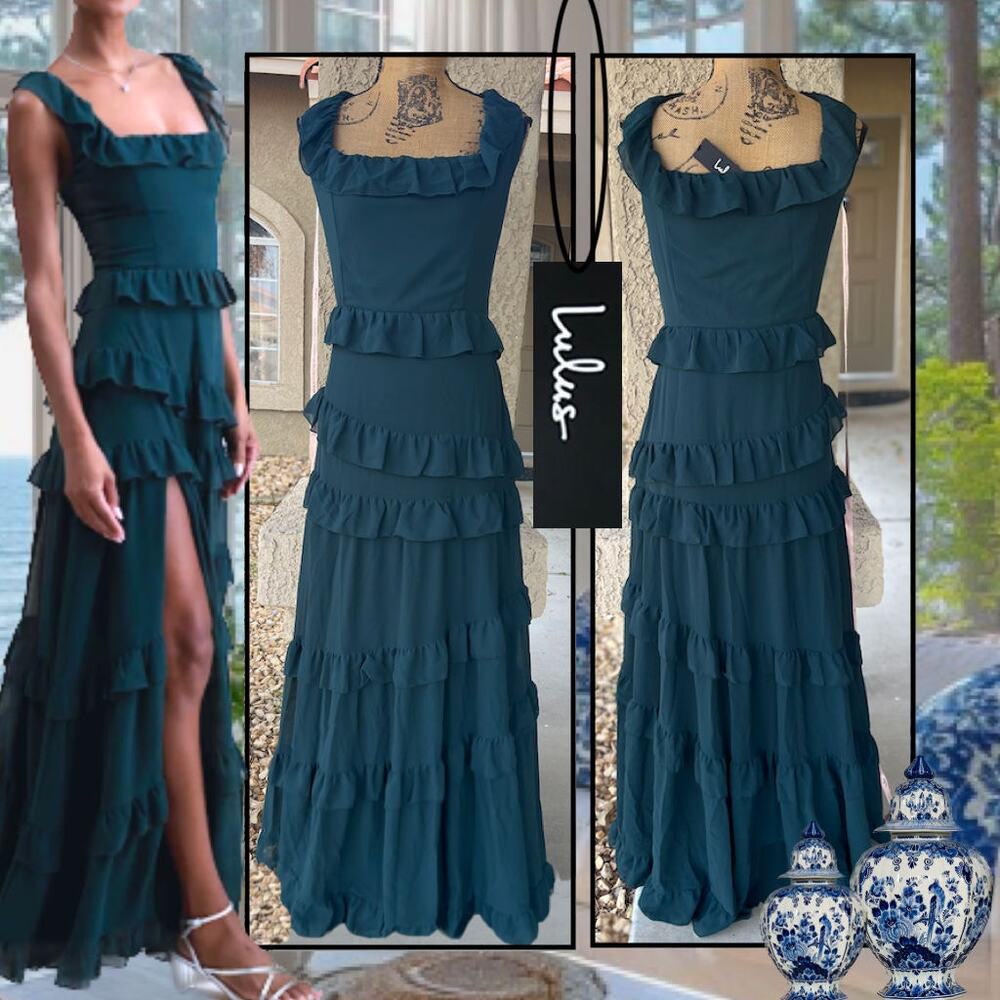 Lulus Dark Green Ruffled Tiered Compelling Romantic Maxi Dress Size XL